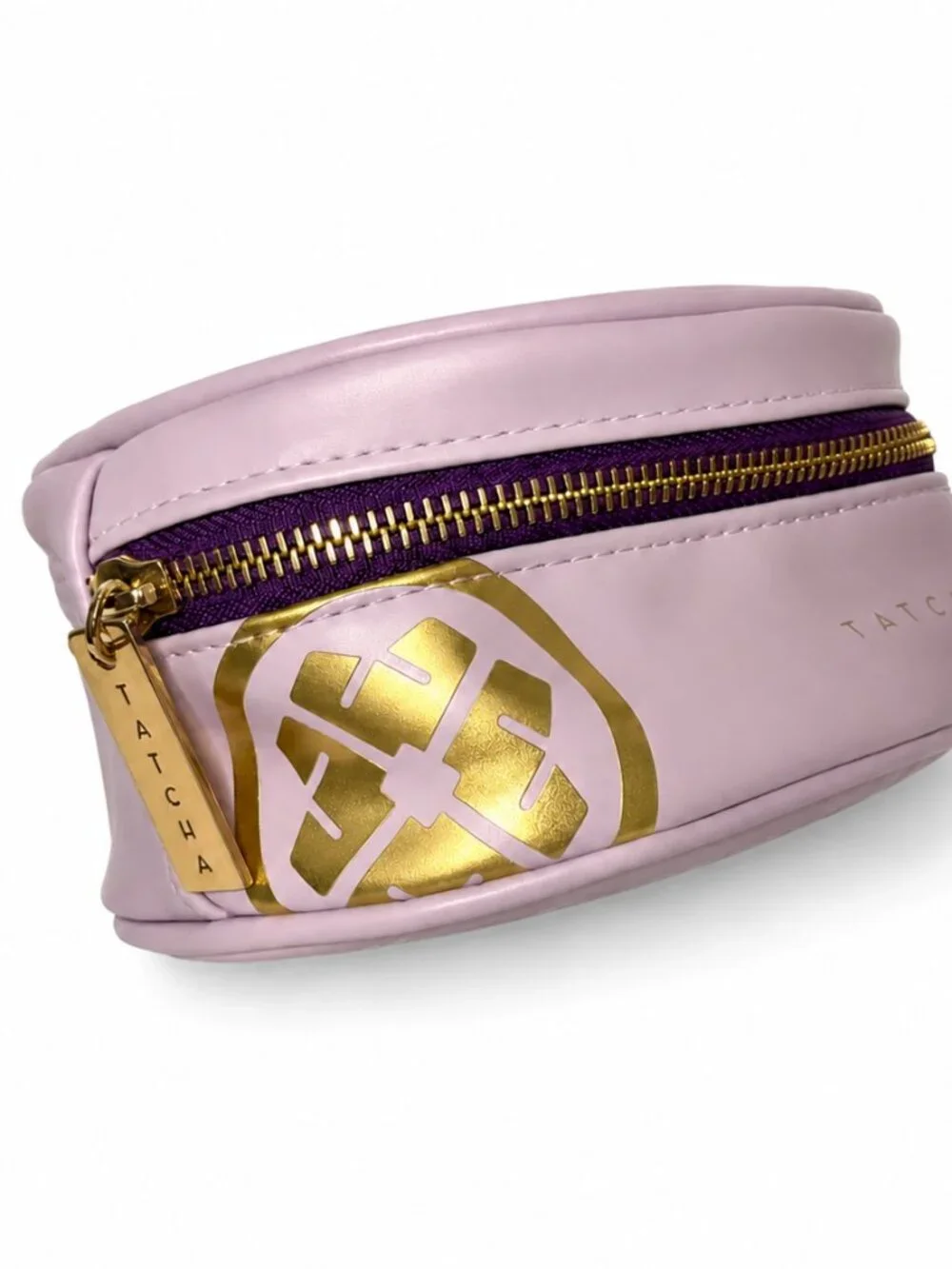 Tatcha Round Makeup Bag Lilac Faux Leather Vanity Train Case Cosmetic Pouch